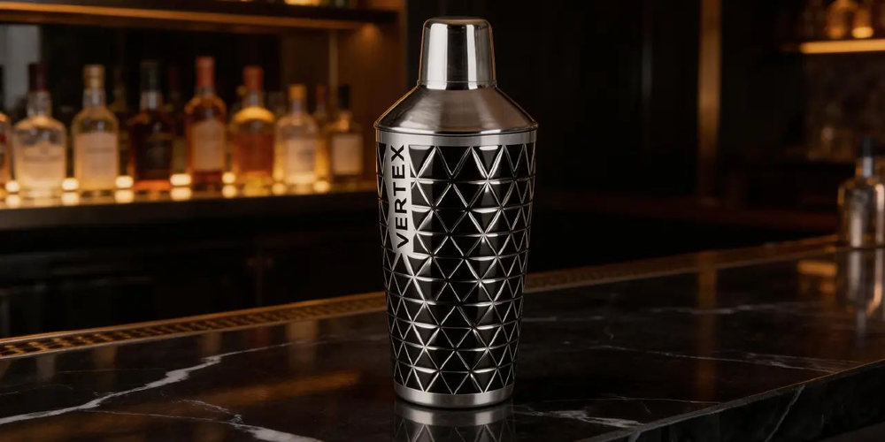 Schwarzer Cocktailshaker mit geometrischem weißem Dekor